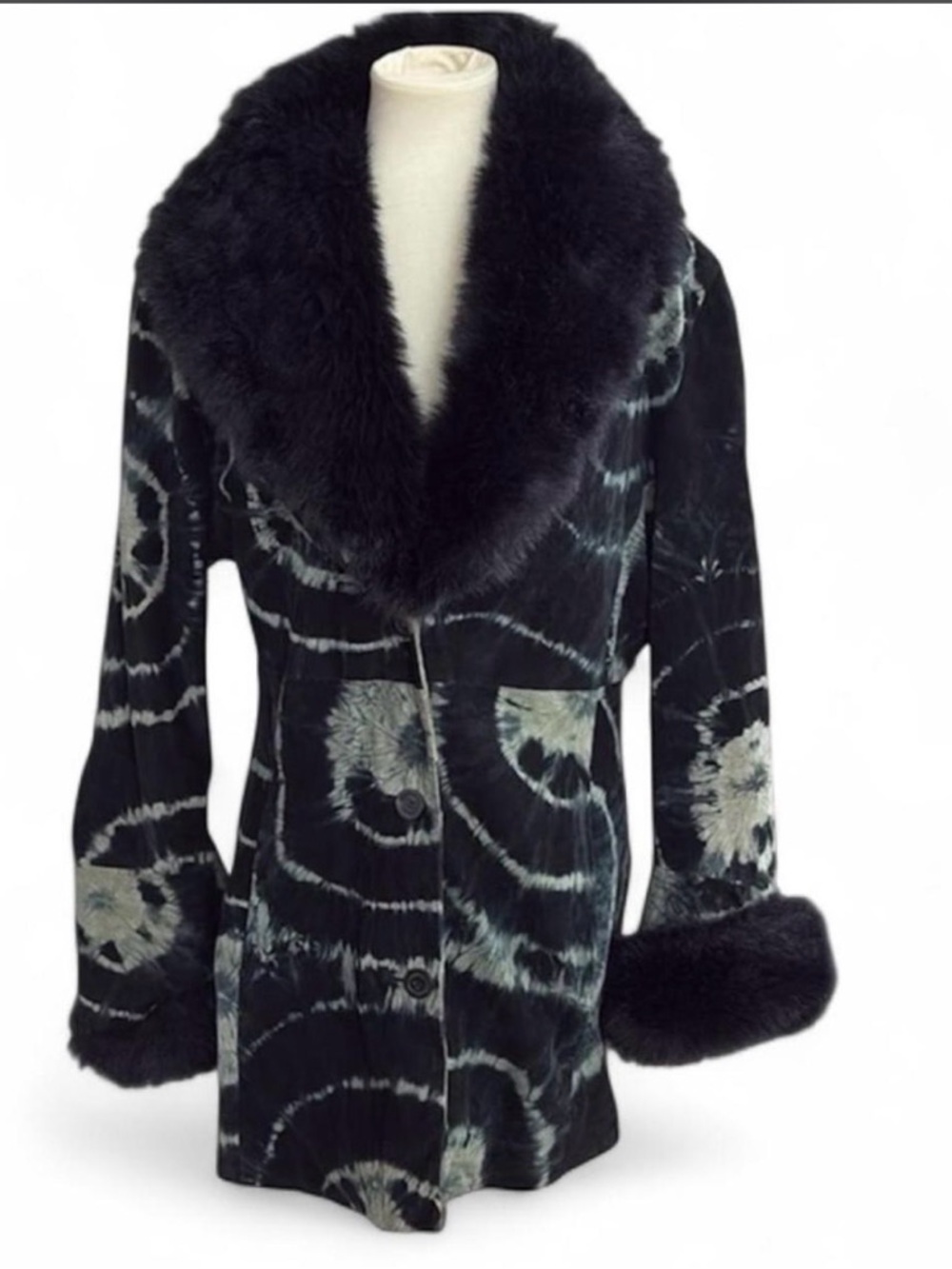 Wilsons Leather Blue/Green Tie-Dye Suede Penny Lane Style Coat w Faux Fur Trim